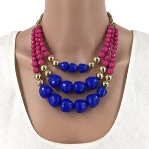Triple Strand Necklace Pink Blue Gold Tone Beaded Statement Adjustable Length
